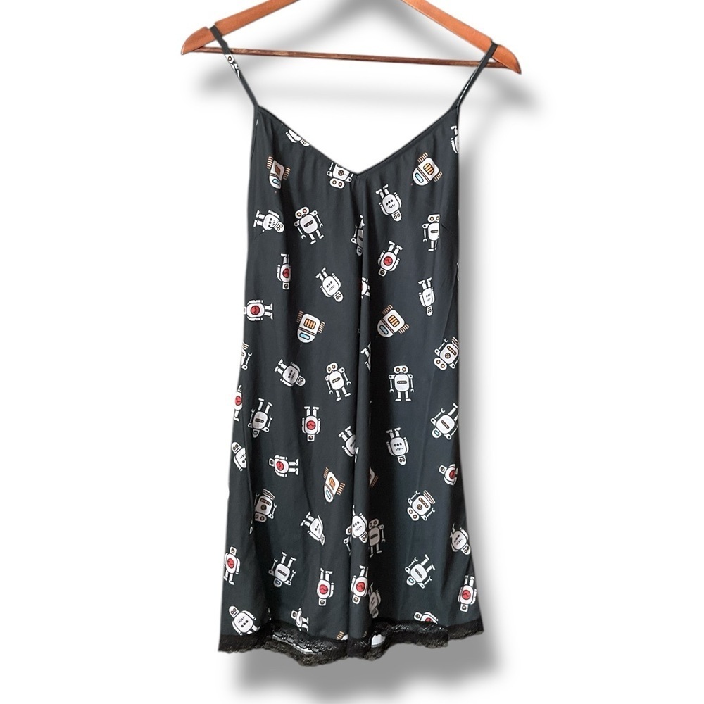 ModCloth Breakfast for Dinner Blue Black Robot Lace Trim Spaghetti Strap Nightie